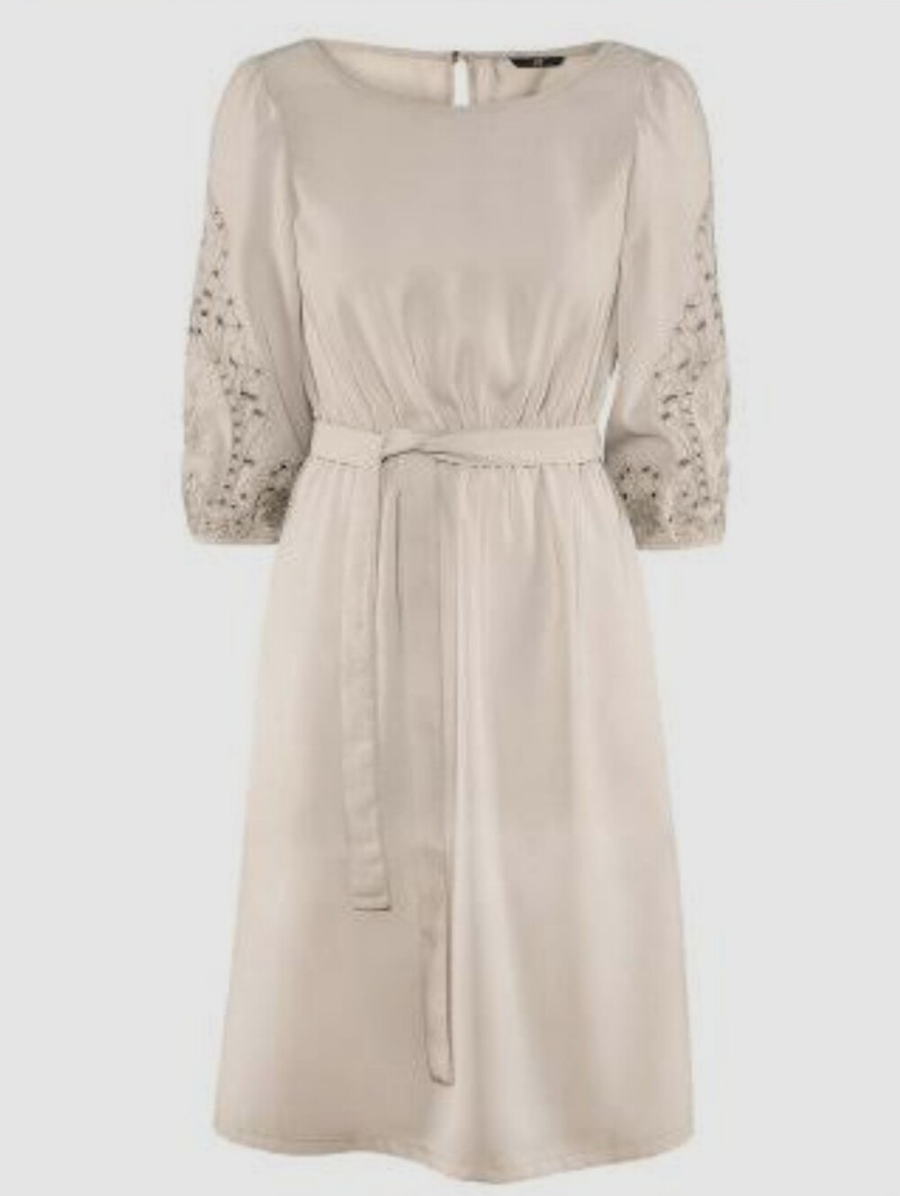 H&M Beige Chiffon Mini Dress 3/4 Eyelet Sleeves Belted Waist EB5